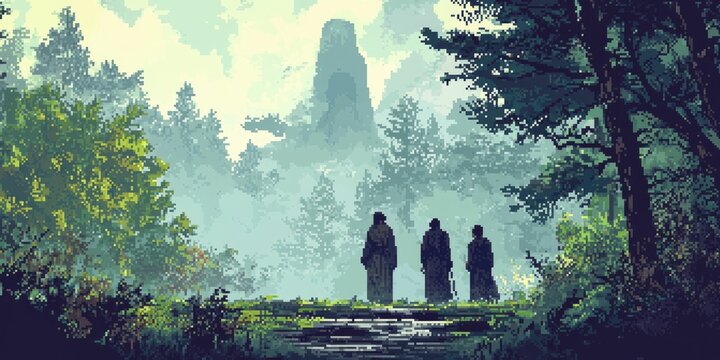 A retro game pixel art scene: Confucius and disciples walking 16-bit style along a foggy pine trail. 