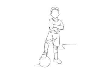 A boy is posing while stepping on a ball. Kid footsal concept one-line drawing