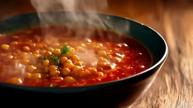 Steaming Mexican Fava Bean Soup Habas in Dark Bowl on Wooden Table at Eye Level Perfect For Culinary Content