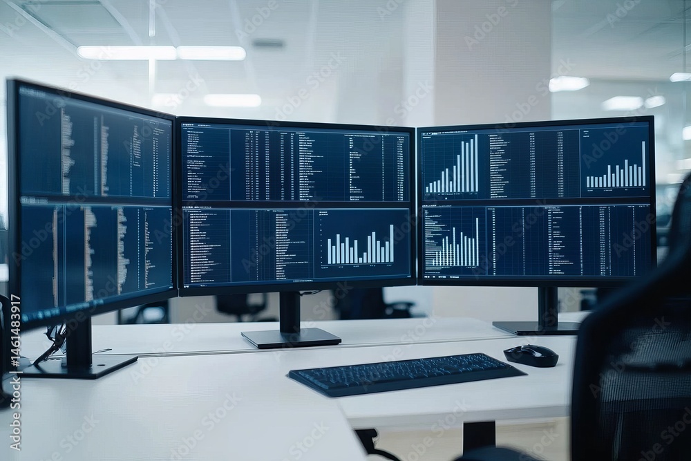 Poster modern office setup with multiple monitors displaying data analytics. virtual teams with leadership 