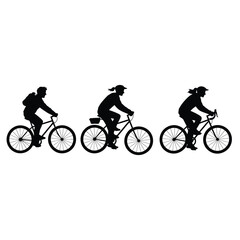 Fototapeta premium Three cyclists silhouettes on bicycles in profile view.
