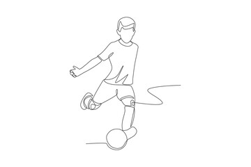 The boy will kick the ball. Kid footsal concept one-line drawing
