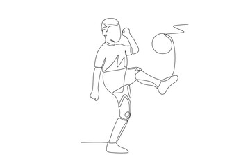 The boy will kick the ball. Kid footsal concept one-line drawing