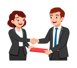 Happy Business People Shaking Hands and Woman Giving a Red Envelope, Cartoon Style