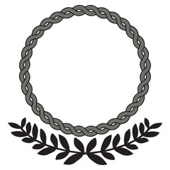 Obraz premium Minimalist round frame design with a braided circular border and laurel leaves at the base. Monochrome decorative emblem element, ideal for logos, certificates