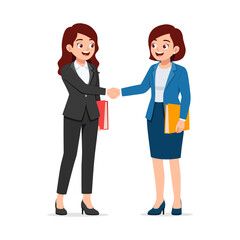 Two Businesswomen Shaking Hands While Smiling and Holding Folders in Formal Attire