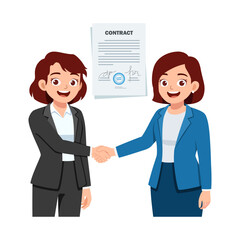 Obraz premium Two Businesswomen Shaking Hands in Agreement with Contract on Background in Illustration