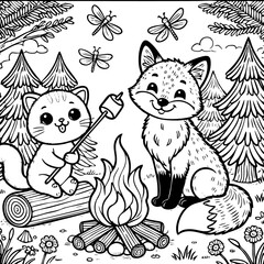 A fox and a cat roasting marshmallows at a cozy campfire under the stars