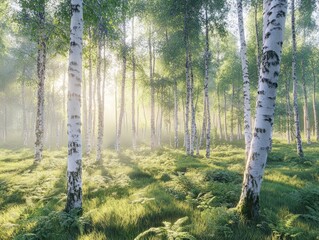 Obraz premium Sunlight filtering through birch trees in a forest