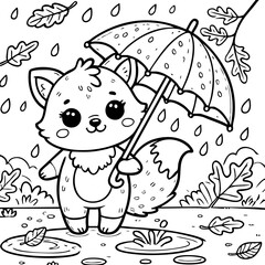 Fox walking with umbrella under rain and falling leaves.