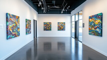 Modern art gallery interior, paintings displayed (3)