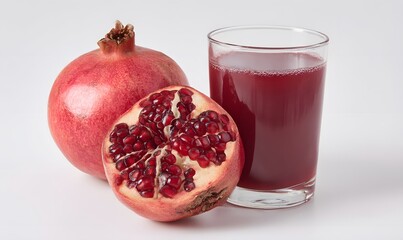  a clean white studio featuring a pomegranite and a full glass of pomegraite juice. Generative AI