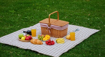 A picnic basket with fruit, bread, and juice on a checkered blanket in a grassy outdoor setting