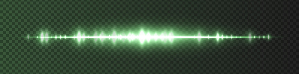 Green waveform with moderate glow and sharp amplitude peaks on dark transparent background. Great for sound recording apps, music editing interfaces, or streaming visuals. © Anastasia