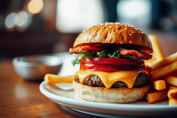 Delicious Bacon Cheeseburger with Fries