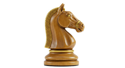 Isolated Wooden Chess Knight Piece with Golden Accents