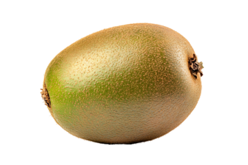 Single, whole kiwi fruit, light brownish-tan skin with speckled, bright green areas, smooth texture, oval shape, isolated on black background