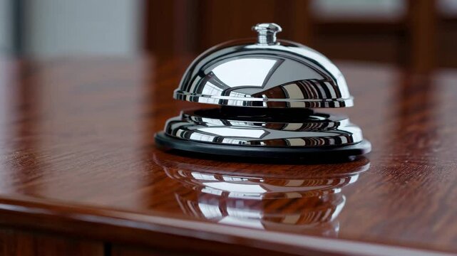 Shiny desk bell rings on polished wooden counter in hotel lobby setting