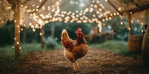 Chicken walking beneath a sheer canopy with fairy lights flickering
