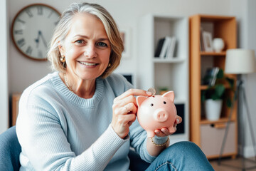 Smiling Woman Saving Money in Piggy Bank