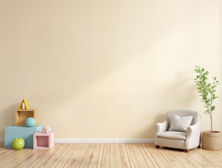 Nursery mockup, neutral unisex children room interior background