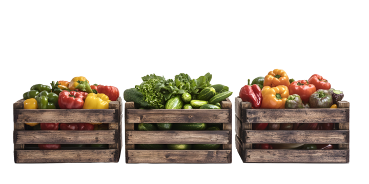 Wooden crates filled with assorted fresh vegetables