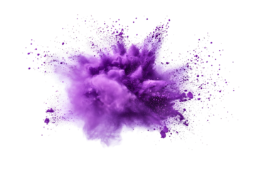 Violet powder explosion against black background.  A vibrant, swirling cloud of purple powder bursts outward, with specks of white against a dark backdrop
