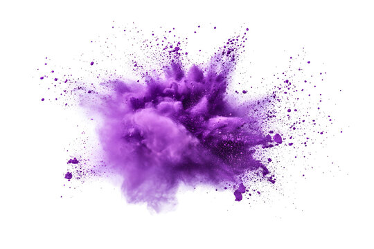 Violet powder explosion against black background.  A vibrant, swirling cloud of purple powder bursts outward, with specks of white against a dark backdrop