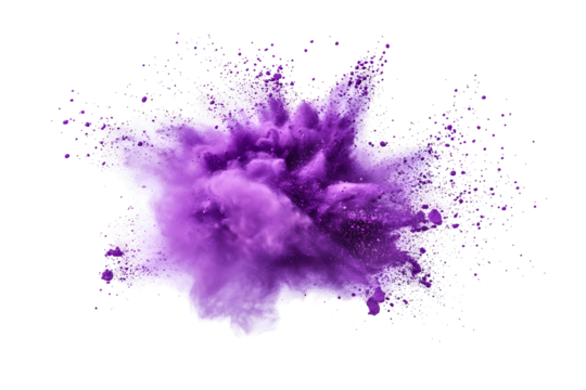 Violet powder explosion against black background.  A vibrant, swirling cloud of purple powder bursts outward, with specks of white against a dark backdrop