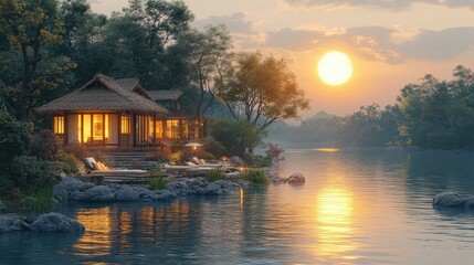 Fototapeta premium Serene lakehouse basking in sunset's glow, reflected in calm waters