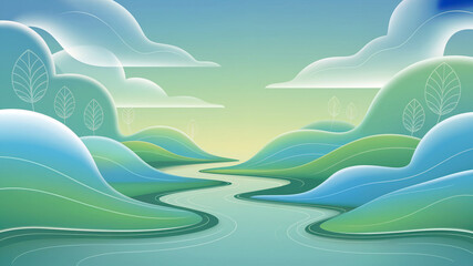 Obraz premium Abstract landscape illustration featuring rolling hills river and sky in modern artistic style