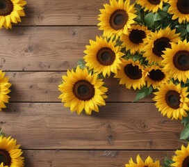 Fototapeta premium Vibrant sunflowers arranged on rustic wooden board, wood, texture