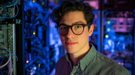 Young engineer in a server room, focused on technology and innovation.