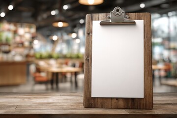 Close-up of a wooden clipboard with blank paper on a wooden table in a cafe, interior with blurred background, for menu or advertising mockup in restaurant.