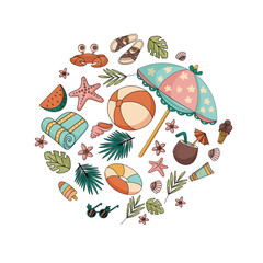Summer holiday circle composition with beach umbrella, crab, ball, leaves, shells, tropical fruits and travel elements. Cute vector clipart for print and design.