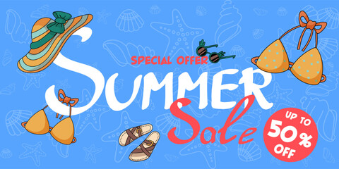 Naklejka premium Bright summer sale banner with lettering, swimsuit, hat, sunglasses, sandals and seashell pattern. Colorful cartoon vector for seasonal promo and shop ads.