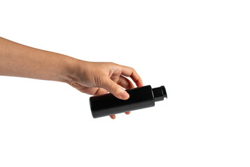Black cosmetic flip top bottle in hand isolated on transparent background.