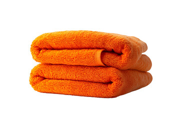 Folded, vibrant orange towel, soft texture, stacked neatly