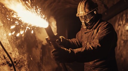 Miner Cutting Metal with Torch
