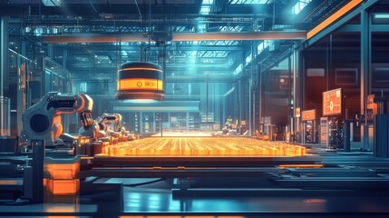 futuristic factory interior with robotic arms and glowing machinery in industrial setting. advanced technology concept. suitable for themes of automation and manufacturing innovation.