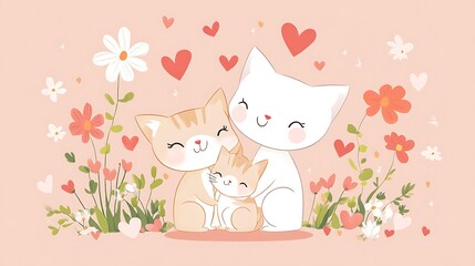 Cute Cartoon Cat and Kitten Cuddling – Adorable Animal Illustration for Kids and Cards