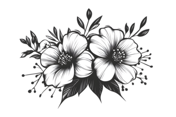 Elegant monochrome floral bouquet.  Two large blossoms with detailed petals, surrounded by smaller flowers and leaves.  Intricate line work creates depth