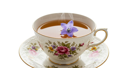 Floral teacup with steaming tea and flower