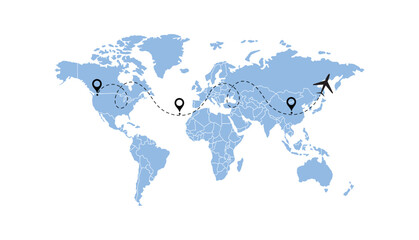 Fototapeta premium world map, flying white airplanes routes vector illustration