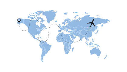 world map, flying white airplanes routes vector illustration