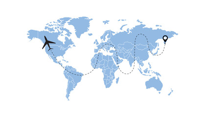 world map, flying white airplanes routes vector illustration