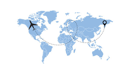 world map, flying white airplanes routes vector illustration