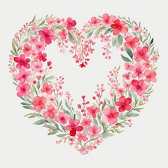 Watercolor painting depicts pink flowers arranged in a heart shape. Suitable for Valentines Day, wedding invitations, greeting cards, and decor.