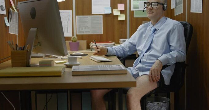 Funny messy office worker having a video call with no pants