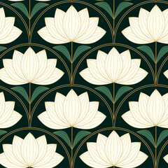 Art Deco Ivory Lotus flowers on golden fan shapes seamless pattern on emerald green background. For wallpaper, home décor and fabric